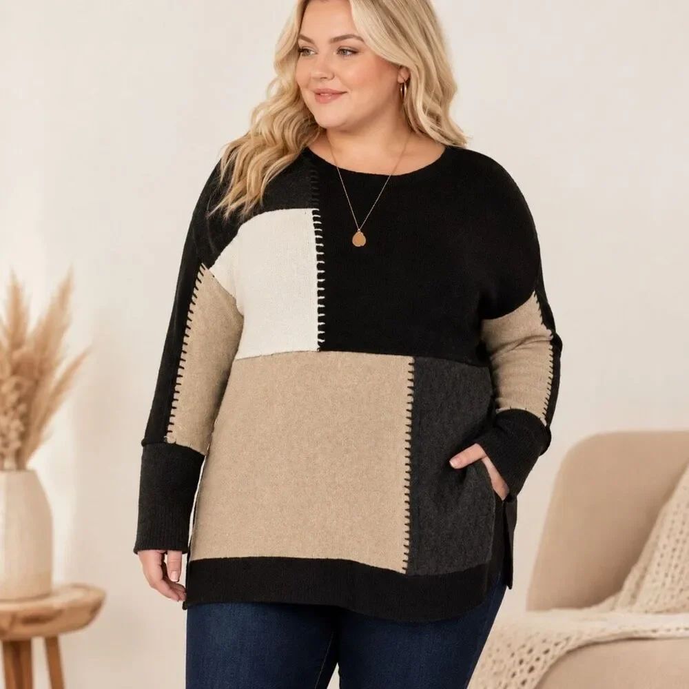 Style & Co. Sz 1X Womens Black Patchwork Casual Tunic Sweater Top Plus New